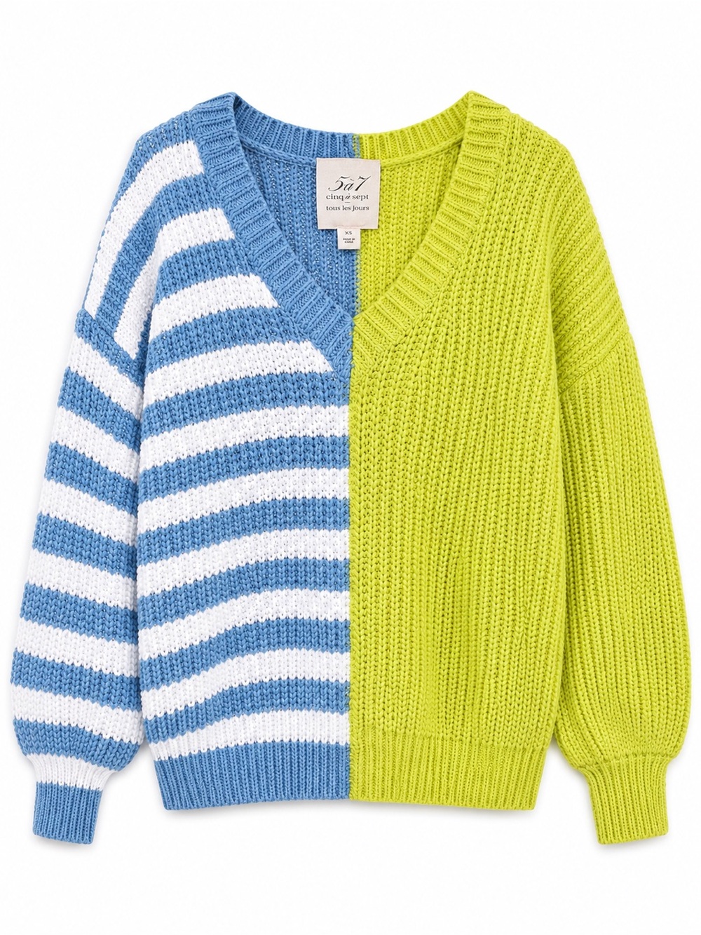 Cinq a Sept Colorblock Striped Chunky Knit Sweater Blue Lime Coastal Prep XS‎